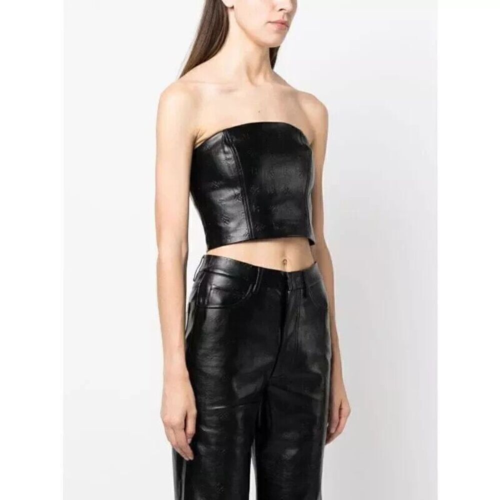 ROTATE BIRGER CHRISTENSEN Emili Crop Top Faux Leather Black Logo-Embossed Size 4